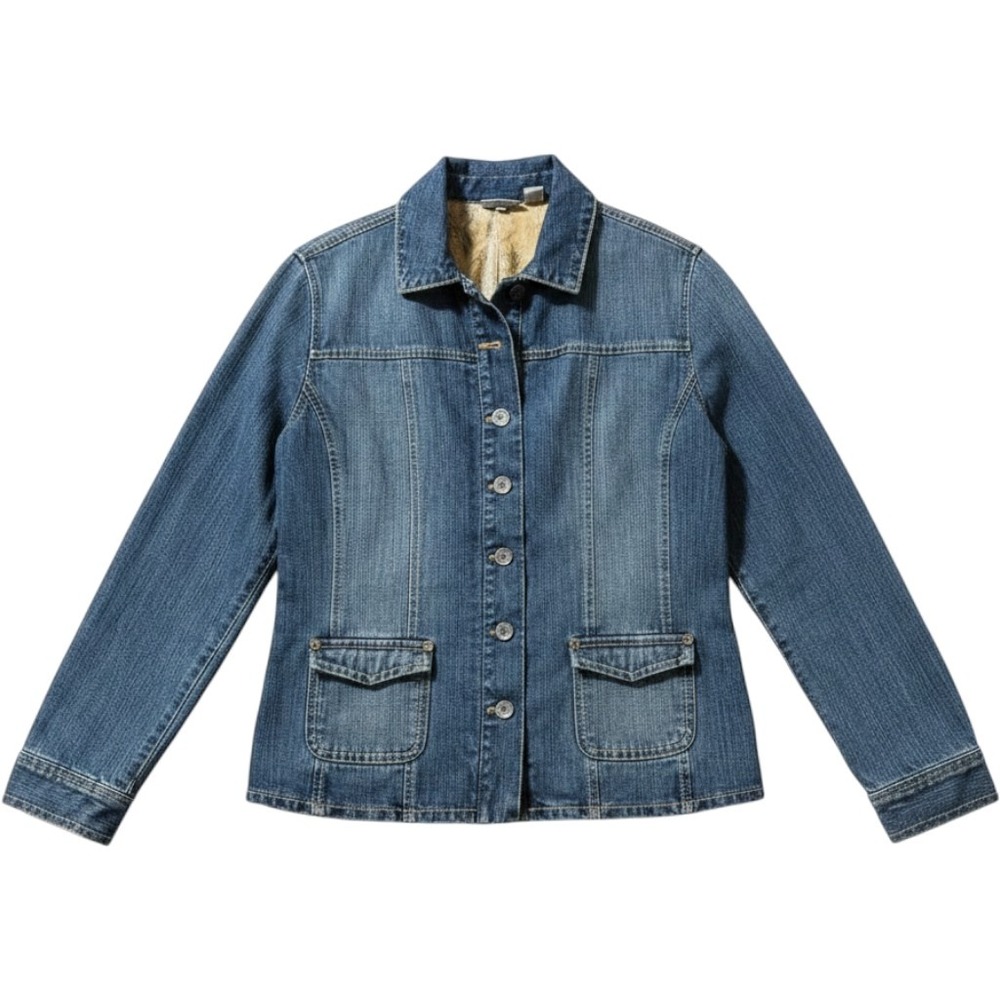 Chico's Denim Jacket Size 1‎ Medium Blue Button Front Flap Pockets Classic
